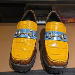 Gucci Yellow and Blue Croc-Embossed Horsebit Lug Loafers